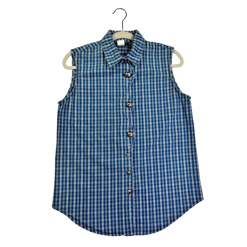 Roughrider by Circle T Womens Blue Plaid Sleeveless Western Shirt Concho Medium